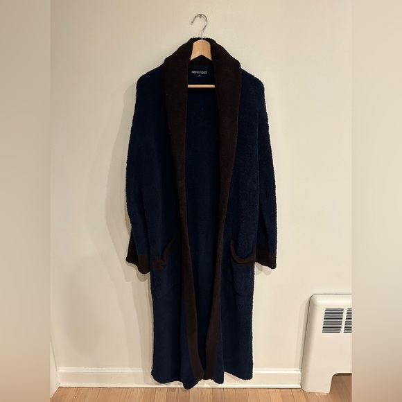 BAREFOOT DREAMS MENs Navy/brown lounge bath robe  missing belt M/L - Picture 3 of 9
